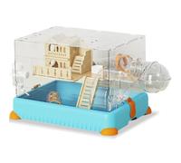 Hamster Cage with Tubes Tray Type Hamster Enclosure Acrylic Clear Small Animal Cage with Water Bottle and Exercise Wheel, Gerbil Cage for Hamsters Gerbil Mice(Blue)