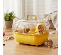 Hamster Carrier - Portable Hamster Travel Cage with Running Wheel, Hideout, Water Bottle & Handle for Small Animals, 360° Transparent View Yellow, Decoración del jardín