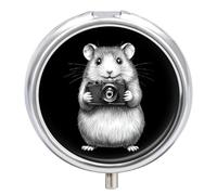 Hamster Cute Pill Box Cute Metal Round Pill Case with 3 Compartments and Mirror for Vitamin Fish Oils