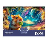 Hamster Holding Clover near Cottage, Cosmic Sky Backdrop 1000 Piece Jigsaw Puzzle Cute Guinea Pig - Brainteasing Fun for Adults & Kids 52x38cm/1000pcs
