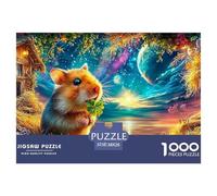 Hamster Holding Clover near Cottage, Cosmic Sky Backdrop 1000Pc Jigsaw Puzzle Cute Guinea Pig - Educational & Challenging, Gift for All 38x26cm/1000pcs