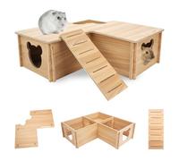 Hamster House Maze, Wood Hamster Hideout, Multi-Chamber Hamster Hideout House with Climb Ladder, Wooden Habitats Decor Cage Accessories for Small Animals, Mice Gerbils (3 Room)
