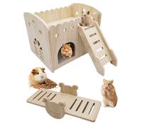 Hamster House with Playground Set - Wooden Castle Hideout & Frog Shape Seesaw Hamster Platform, Natural Wood Small Animal Accessories for Syrian Dwarf Hamsters