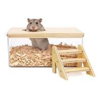Hamster Sand Bath Box with Wood Cover, Rectangle Clear Hamster Digging Sand Container with Climbing Ladder Multifunctional Plastic Guinea Pig Bathroom for Small Animals (A1)