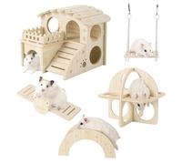 Hamster Toys Solid Wood House Hideout Swing Seesaw Crawling Ladder Gym Tunnel Landscaping and Relaxation Products Suitable for Dwarf Gerbils Mouse Mice Small Animals Habitat Five-Piece Set