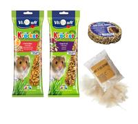 Hamster Treat & Comfort Bundle - 2 Snack Stick Packs, Seed Ring, and Soft Bedding - 4 Piece Small Pet Set