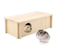 Hamster Wood House 2 Chambers Guinea Pig Hideout for Cage Pet Wooden Home Small Animal Habitat Décor Natural Wooden Hamster Hideaway House Wood Cabin for Small Pets Chinchilla Rat Gerbils (Rectangle)