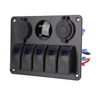 Hamwesh 5 Gang Rocker Switch Panel, Featuring Dual USB Charging Ports, Digital Voltmeter, Blue Backlight and Circuit Breakers, with 12V Outlet for RV Car Boat Truck Marine Use