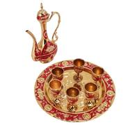 Hamwesh Turkish Coffee Set, Vintage Turkish Tea Set Style Zinc Alloy Moroccan Tea Design with Ornate Carvings, Includes 6 Coffee Cups, Pot and Tray for Home Decor, Wedding, Christmas (Gold Red)