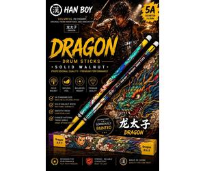 HAN BOY DRAGON 5A SOLID WALNUT DESIGNER ART DRUMSTICKS PROFESSIONAL PAIR BNIB