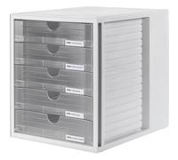 HAN drawer box SYSTEMBOX with 5 closed drawers, desk or in the cupboard, incl. pull-out lock + labeling clip, furniture-friendly rubber feet, 1450-63, light gray / translucent-clear