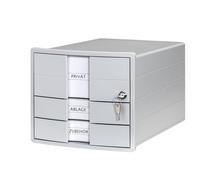 HAN Impuls 2.0 Drawer Box Lockable with 3 Closed Drawers for DIN A4/C4 Including Labelling Labels, Document Box, Base with Pull-Out Lock, Furniture-Friendly Rubber Feet, 1018-11, Light Grey