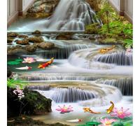 HAN MAN XIU Self-Adhesive 3D Mural Stickers for Floor Tiles, Featuring Lotus Flowers, Silver carp, and Waterfalls, Perfect for Bedroom and Bathroom Art Decoration