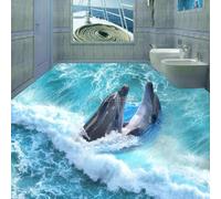 HAN MAN XIU Self-Adhesive 3D Mural Stickers for Floor Tiles, Featuring Ocean Waves and Dolphins, Perfect for Bedroom and Bathroom Art Decorations