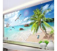 HAN MAN XIU self Adhesive PVC Mural 3D Wallpaper Beach Sailing Landscape Interior Background Wall Art Sticker Bedroom Living Room Wall Painting