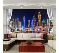 HAN MAN XIU Self Adhesive PVC Mural 3D Wallpaper Outside The Window City Night Scene Indoor Background Wall Art Sticker Bedroom Living Room Wall Painting