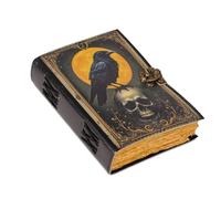 HANA EXPORTS Handmade Leather Gothic Journal - Vintage Raven & Skull Spell Book, 7x5 Wiccan Grimoire with Lock, Witchcraft Diary for Rituals, Tarot, Spells & Halloween Gifts