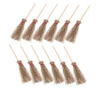 HANABASS 12pcs Mini Witch Broomsticks Halloween Decorations with Red Rope Hanging Large Straw Broom Costume Props for Party Accessories