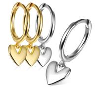 HANABASS 2 Pairs Heart Dangle Hoop Earrings for Women Small Silver Jewelry with Love Pendant Drop Classic Lightweight Design Easy to Wear for Daily and Occasions