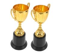 HANABASS 2pcs Mini Golden Trophy Cups with Black Square Base Plastic Award for Sports Academic Achievements Party Prizes Elegant Shiny Gold Finish Recognition for Winners