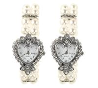 HANABASS 2pcs Women Vintage Heart-Shaped Quartz Wrist Watch with Diamond Crystal Pearl Elastic Bracelet, Small Bling Strap Jewelry for Party and Daily Wear