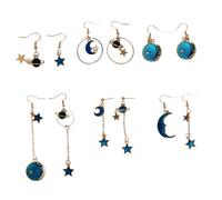 HANABASS 6 Pairs Blue Star Shape Earrings Long Tassel Alloy Ear Pendants Women Asymmetrical Celestial Jewelry for Work Travel Night