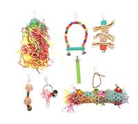 HANABASS 7PCS Colorful Bird Chewing Set for Cage Includes Hanging Swing Natural Material Perches Bite for Parrots Lovebirds Cockatiels and Macaws Random Color