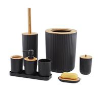 Hanabitx 1Set Bamboo And Wood Products Washing Set Bathroom Supplies Set Plastic Tray Eight-Piece Set Black&Wood Color