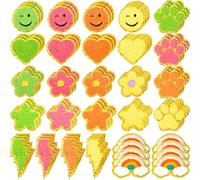 Hanaive 80 Pcs Chenille Patches Self Adhesive Patches 3D Cute Embroidered Rainbow Lightning Smile Face Heart Applique Sewing Badges Patch for Fabric Clothing Jackets Jeans DIY(Neon Color,Cute)