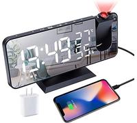 Projection Digital Alarm Clock for Bedrooms, Radio Alarm Clock on Ceiling, USB Charger Port, Temperature & Humidity Display, 7.3” Large Mirror LED Display,12/24H,Snooze,Dual Loud Alarm Clock- 4 Dimmer