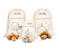 HanaMoon 3-Pack Cotton Storage Bags for Potato, Onion & Garlic - Reusable Drawstring Produce Bags - Breathable, Eco-Friendly, Washable - 2 Large (40×30 cm) + 1 Small (25×20 cm)