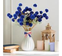 Hananona 12 Piece Artificial Chrysanthemum Flowers, Blue Mini Kiku Pom Pom Mums Patriotic Flower Faux Floral Arrangements 4th of July Centerpiece for Home Kitchen Decor (12, Blue)