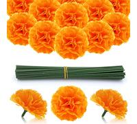 Hananona 50 Pcs Marigold Flower Heads Bulk, Silk Marigold with Stems Artificial Flowers for Diwali Home Decor DIY Wreath Garland Craft Wedding Party Decoration Halloween Christmas(Orange, 50)