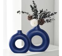 Hanaomaoyi Blue Ceramic Donut Vase Set of 2, Hollow Round Matte Pampas Flower Vases for Boho Home Wedding Party Room Dinner Table Shelf Decor.（Blue）