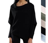 Hanaoni Asymmetric Draped Jumper Baggy Sweater, Oversized Cowl Neck or Off The Shoulder Sweater for Women Ultra Soft Knitted Jumper, Casual Asymmetric Pullover Knit Top Black