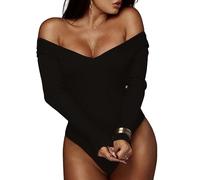 Hanaoops Bodysuit for Women High Stretchy Leotard Top V-Neck Long Sleeve Ribbed Off-Shoulder Hugging Bodysuit Thong Stretch Soft Ribbed Leotard Top HM