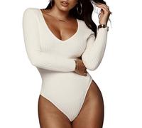 Hanaoops Bodysuit for Women High Stretchy Leotard Top V-Neck Long Sleeve Ribbed Off-Shoulder Hugging Bodysuit Thong Stretch Soft Ribbed Leotard Top BL