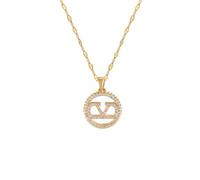 Hanaoops Circle Link Letter Necklace for Women Gold Silver Round Pendant Necklace with Cubic Zirconia Circle Coin Letter V Necklace Fashion Jewellery Gift for Daughter Mom (Gold)