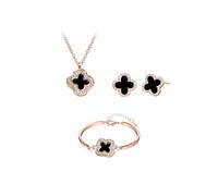Hanaoops Jewellery Set for Women Cubic Zirconia Four-Leaf Clover Pendant Necklace Stud Earrings Bracelet Sets Adjustable Wedding Jewellery for Bride