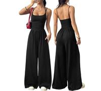 Hanaoops Jumpsuit for Women Sleeveless Spaghetti Strap Long Playsuit Summer Casual Wide Leg One Piece Overalls Ladies Straight Leg Loose-Fit Maxi Cami Romper Holiday Outfits