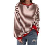 Hanaoops Sweatshirts for Women Oversized Striped Jumper Color Block Long Sleeve Shirt Crew Neck Casual Loose Pullover Y2K Top Red