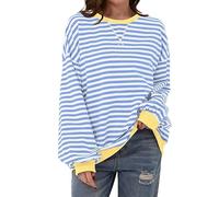 Hanaoops Sweatshirts for Women Oversized Striped Jumper Color Block Long Sleeve Shirt Crew Neck Casual Loose Pullover Y2K Top Blue