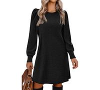 Hanaoops Women Jumper Dress Long Sleeve Knitted Winter Bodycon Mini Dresses Crew Neck Tunic Ribbed A-line Sweater Dress Ladies Casual Party Elasticity Loose Basic Pullover Dresses with Side Pockets