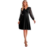 Hanaoops Women Long Sleeve Dress V Neck Waist Swing Dresses Dot Solid Mesh Sleeves Ladies Cocktail Evening Party Midi Dress High Waist Retro Sexy Knee Length A Line Short Dresses Black