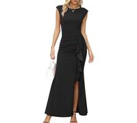 Hanaoops Women Maxi Dress Sexy Sleeveless Bodycon Round Neck Elegant Long Dresses Ruffle Split Formal Cocktail Vintage Dress Wedding Bridesmaid Guest Dress Ladies Casual Prom Dresses for Party Evening