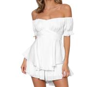 Hanaoops Women Romper Dress Sexy Short Jumpsuits Backless Ruffle Layered Mini Dresses Y2k Cowl Neck Strapless Playsuit Lantern Sleeve Cross Tie-Up One Piece Overall Outfit White