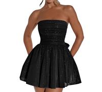 Hanaoops Women Sequin Glitter Mini Dress Sexy Backless Strapless Tube Dress Tulle Sparkly Short Homecoming Dress Sleeveless Bodycon Dresses with Bow on Back Party Tunic Dress Formal Gown Black