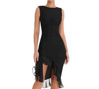 Hanaoops Women Summer Bodycon Dresses Sexy Sleeveless Ruched Midi Dress Elegant Split Ruffle Hem Tulle Dress Slim Fit Backless Crew Neck Cami Dress for Party Cocktail Night Out Clubwear Black