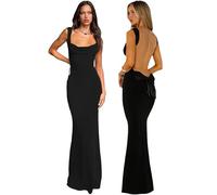 Hanaoops Women's Backless Dresses Crew Neck Sexy Sleeveless Long Dress Elegant Bowknot Bodycon Maxi Dress Club Cocktail Party Prom Evening Gown Black