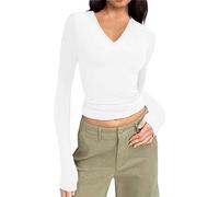 Hanaoops Womens Basic Long Sleeve T Shirt Comfortable Solid Colour Soft Tunics Casual Tee Blouse Ladies V-Neck Tops White l